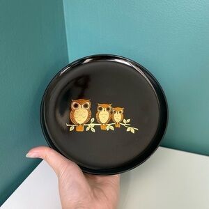 STUNNING Vintage MCM Owl Family of 3 on Branch Gold Display Plate Made in Japan